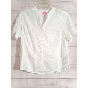 Cappagallo Button-Up Shirt Women's Large White Solid Short Sleeve Eyelect